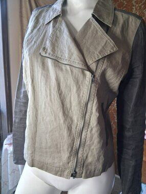 Eileen Fisher L Coated Organic Linen Moto Jacket Asymmetric Zip Stone $258